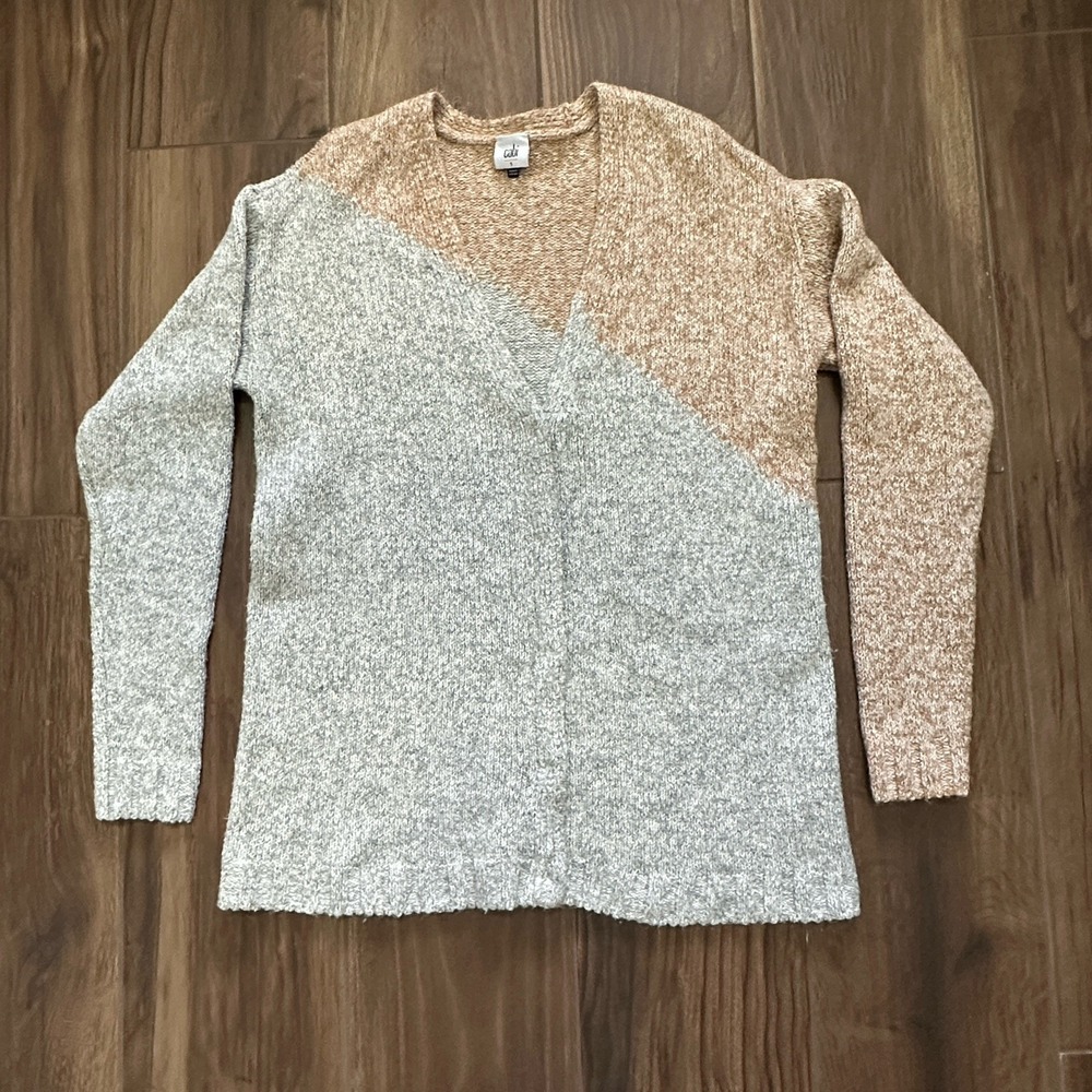 Cabi Pursuit Cardigan 3886 Womens Small Tan Grey Colorblock Button Front Sweater
